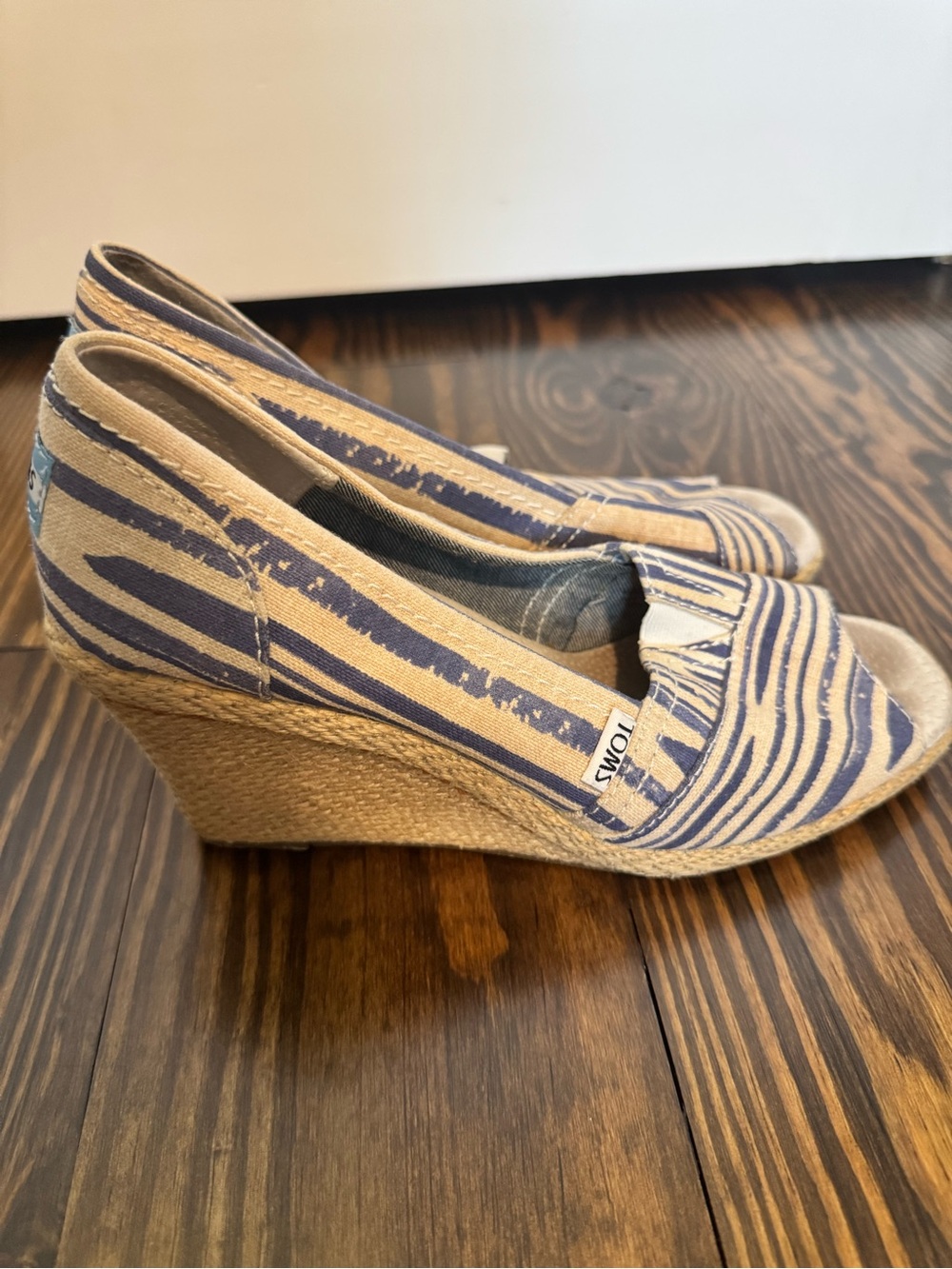 TOMS Women’s Navy and Beige Striped Peep-Toe Wedges